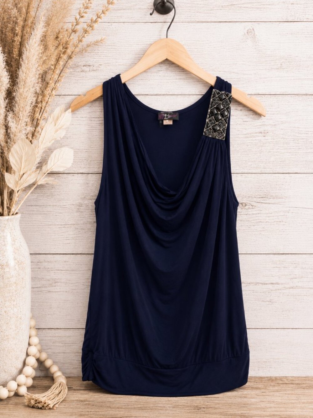 Agenda Navy Embellished Shoulder Cowl Neck Sleeveless Top